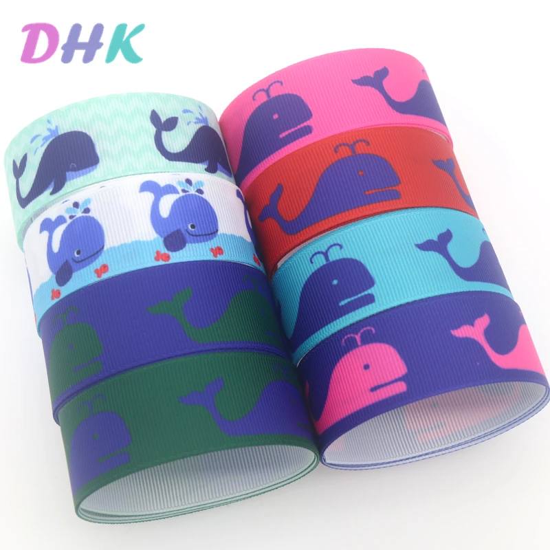 DHK 50yards Whale Sea Animals Printed Grosgrain Ribbon Accessory Material  Headwear Decoration DIY Wholesale Craft S1280