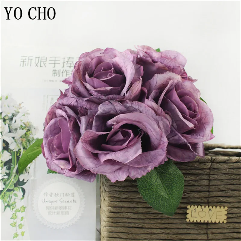 YO CHO European Style Retro Rose Artificial Flowers  Fake Flower  Crinkle Cloth  7 Heads  Purple Silk  Wedding Bouquet Flower