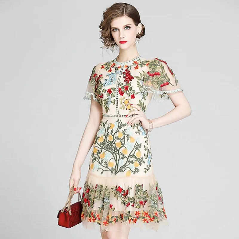 

ZAWFL Summer High Quality Elegant Chic Streetwear Dress Retro Mesh Embroidery Dress Women Short Sleeve Ruffles A-line Dress