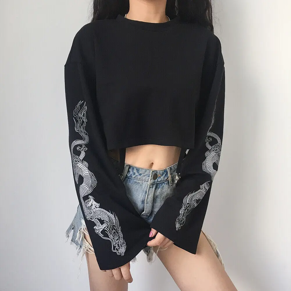 Gothic Punk Cool Girl Dragon Pattern T Shirts Long Sleeve Suspenders Women T-Shirt Crew Neck Black Crop Top Autumn Pullover