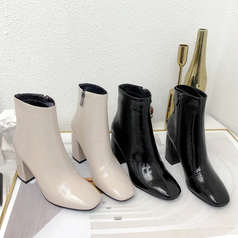 Shoes Women Ankle Boots Patent Leather Plus Size 33-45 Chelsea Boots Square Toe Side Zipper Autumn Winter Shoes Women Beige Blac