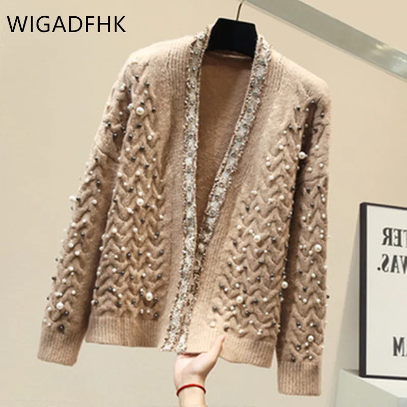 WIGADFHK New Pearl Embroidered Sweater Women\'s Twist Cardigan Knitted Lazy Fashion Jacket 2021 Fall Chic Top