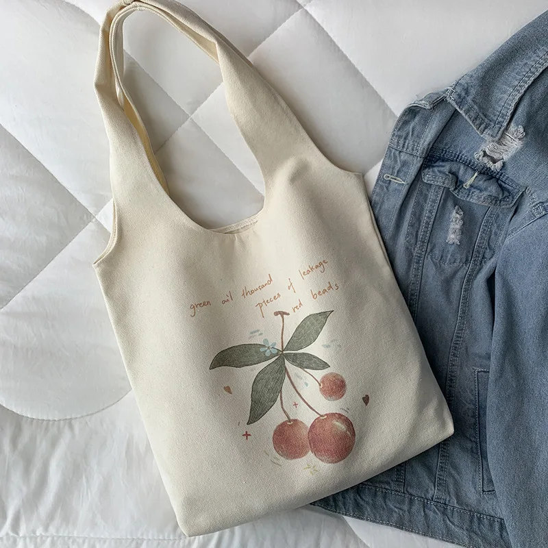 Literature Cherry Print Tote Open Shopping Bag for Lady Canvas Shoulder Bag Women Students Cotton Cloth Eco Shopper Bag