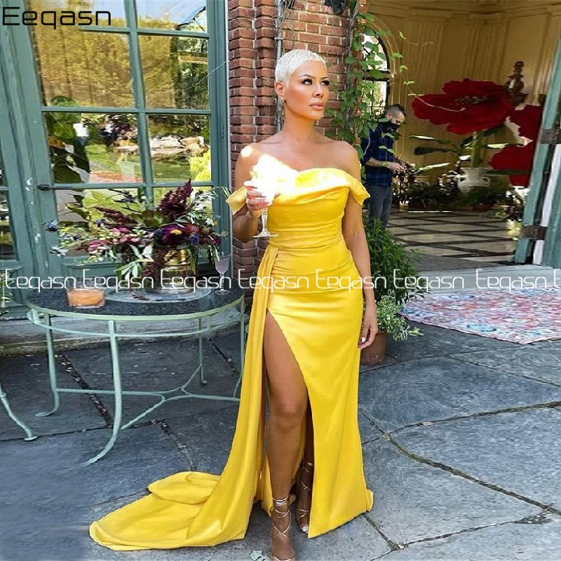 

2024 Mermaid Bridesmaid Dresses Bright Yellow Off Shoulder Side Slit Sexy Robe Demoiselle D'honneur Wedding Guest Party Dresses