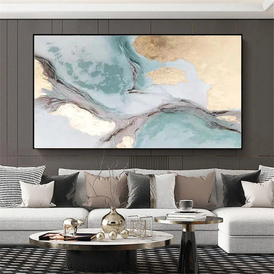 

Hand-Painted Modern Oil Painting Abstract Gold Foil Tiffany Green Art Canvas Paint High-End Home Decoration Living Room Mural