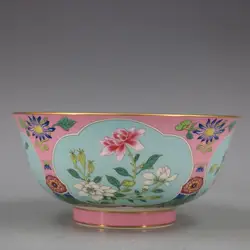 Qing qianlongピンクの花ゴールデンボウルアンティーククラフト磁器ホーム家具アンティークコレクション