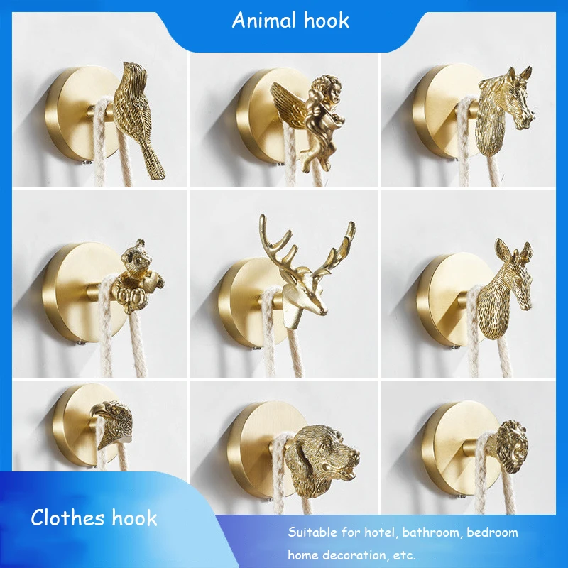 Nordic Decorative Animal Hook Wall-Mounted Bedroom Clothes Hat Hook Brass Material Bathroom Hook Towel Hook Bathroom Accessories