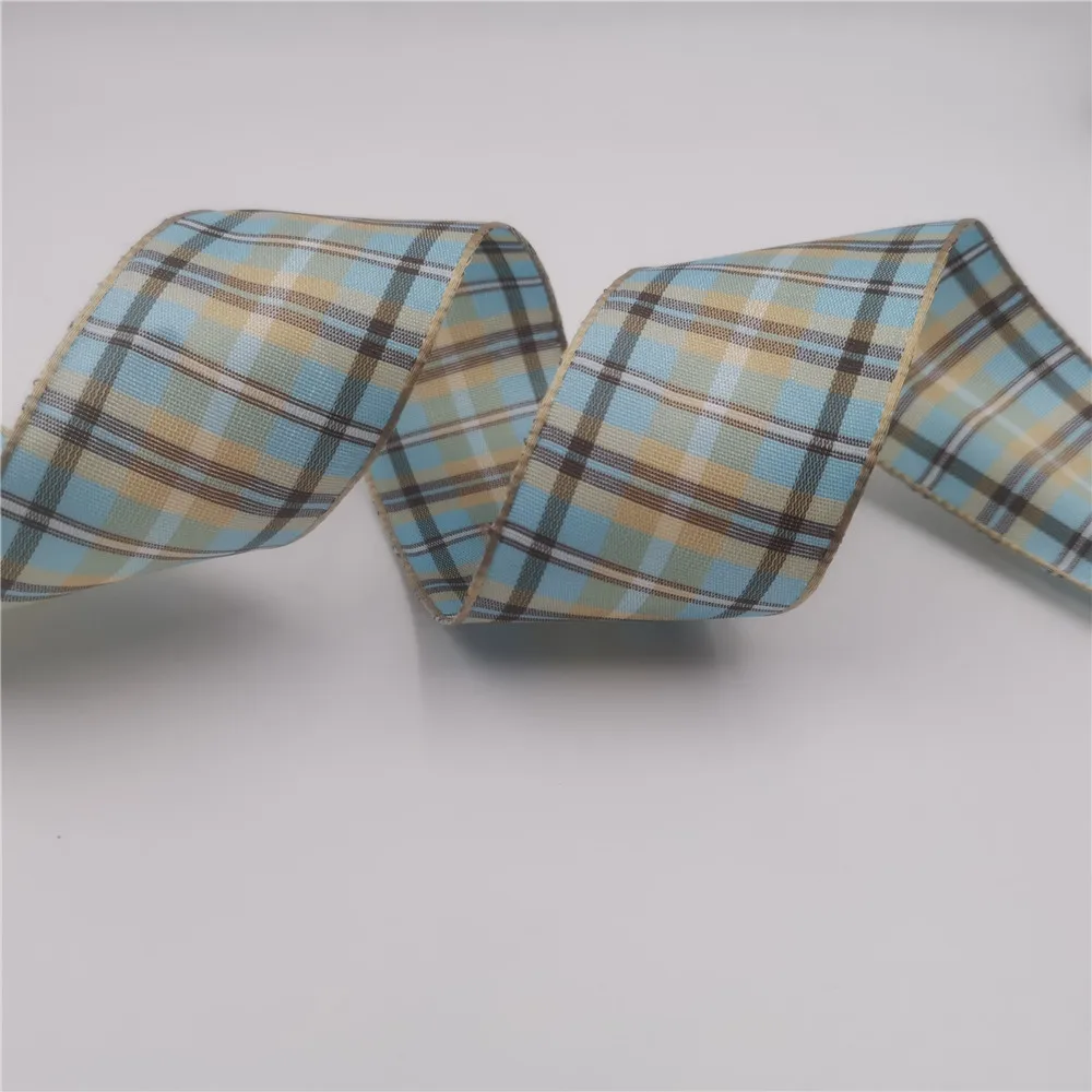 

38MM 25yards Buffalo Plaid Wired Edge Blue and Beige Plaid Ribbon for Festival Christmas Decoration New Year Gift Wrapping