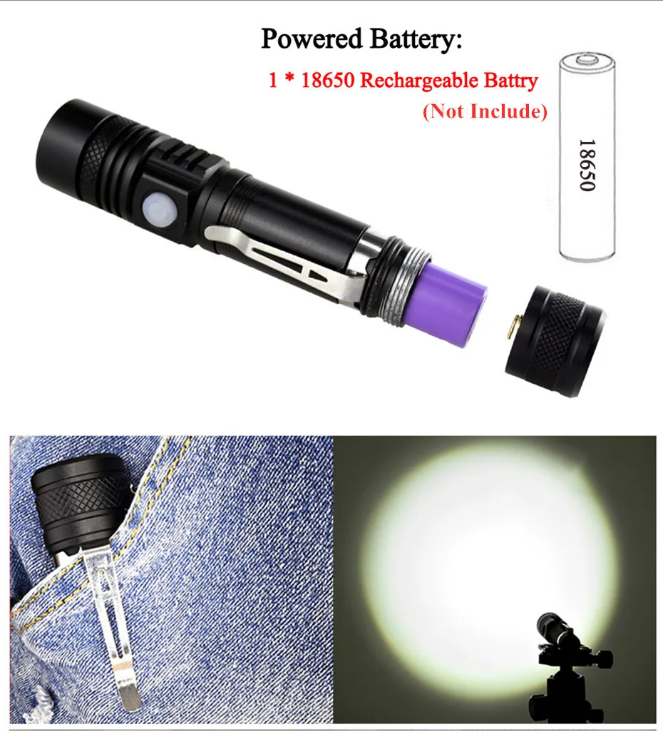 Powerful Led Flashlight USB Use Rechargeable 18650 Battery Zoom Torch T6 LED Hand Lamp Flash Light For Camping Hiking Working