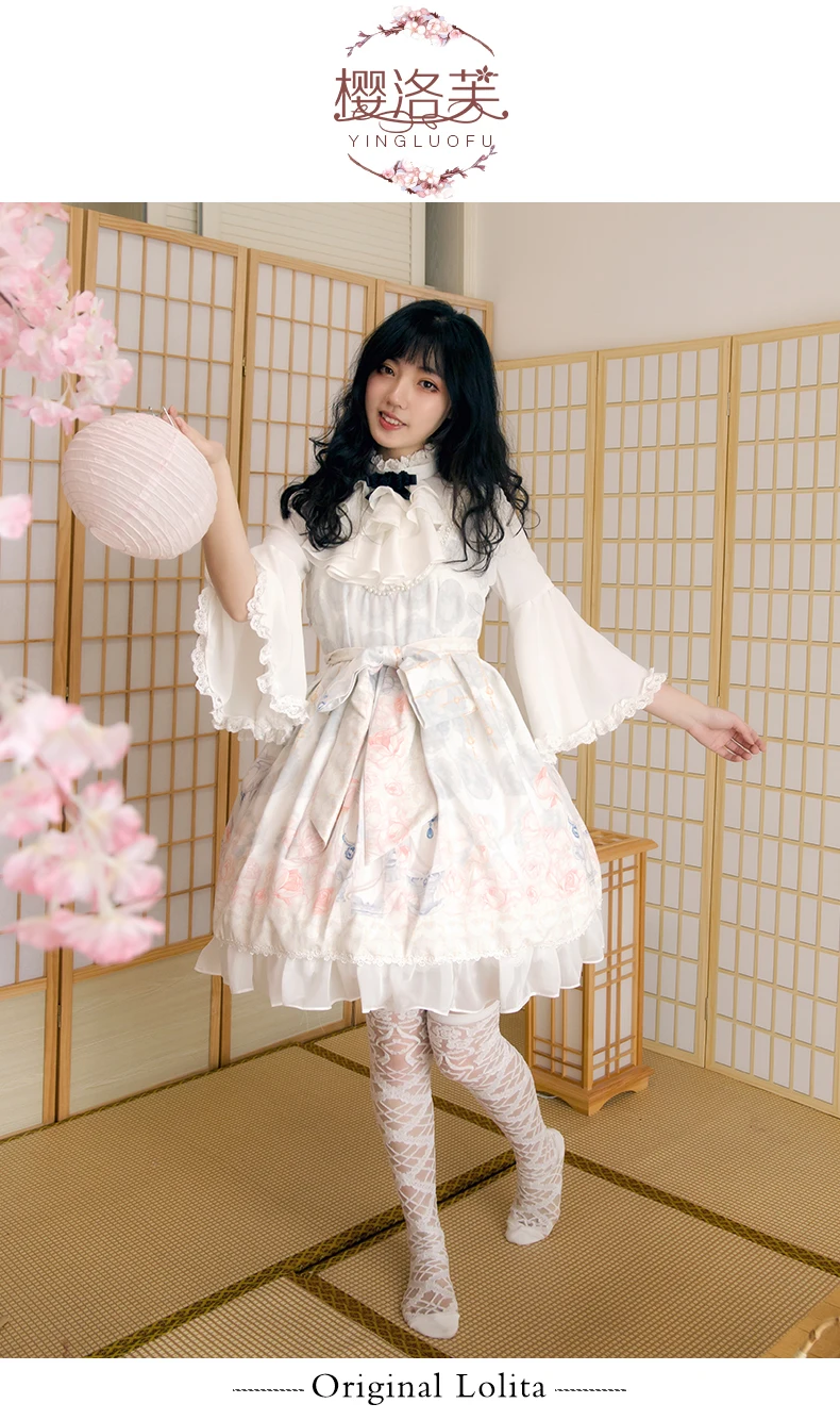 Palace VINTAGE Sweet Lolita ลูกไม้ bowknot การพิมพ์ victorian + Flare แขน Lolita TOP Kawaii สาว Gothic Lolita ชุด