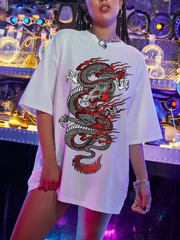 Oversized T Shirt Ulzzang Harajuku Dragon Print T Shirt Women Streetwear Tee Tops Summer Short Sleeve T-Shirt Female Clothing