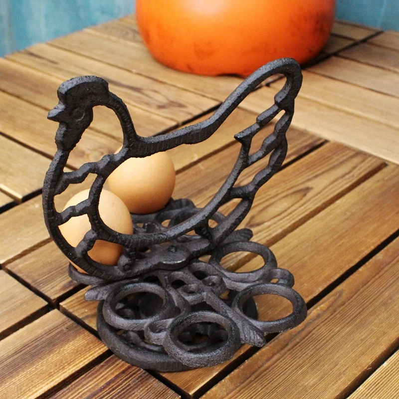 Antique Rustic Cast Iron Hen Eggs Holder For 8 Pieces Vintage Black Table Center Pieces Farm House Heavy Metal Egg Storage Rack