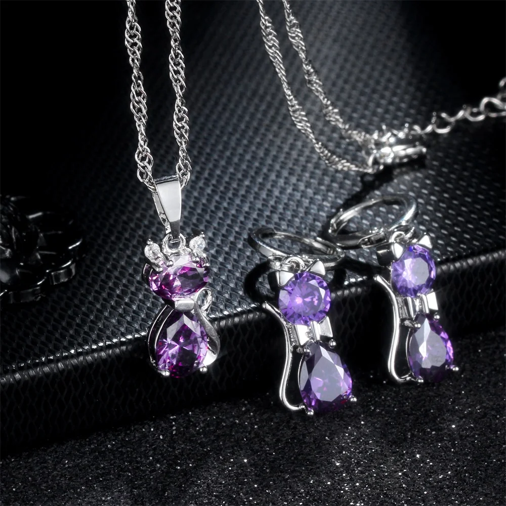 Women Earrings Necklace Set Cute Cartoon Kitten Purple Cubic Zirconia Jewelry Set Engagement Wedding Party Girl Birthday Present