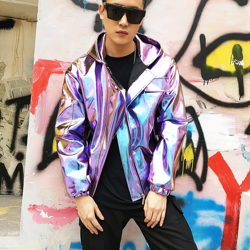 Men's Clothing Male Purple Silver Gold PU Leather Motorcycle Jacket Tide Male Singer Rock HIP HOP Dance Troupe Loose Hoodie Coat