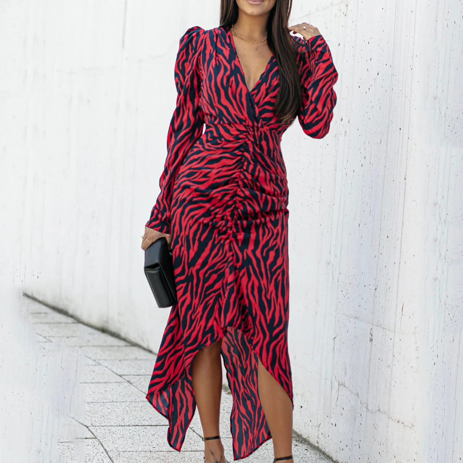 

Spring Summer Long Sleeve Midi Dress Women Zebra Stripes Print Ruched Shirts Dress Ruffles Irregular hem Party Dress Vestidos