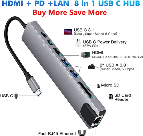 USB C Hub 8 en 1 tipo C 3,1 a 4K adaptador HDMI con lector de tarjetas RJ45 SD/TF PD carga rápida para MacBook Notebook ordenador portátil