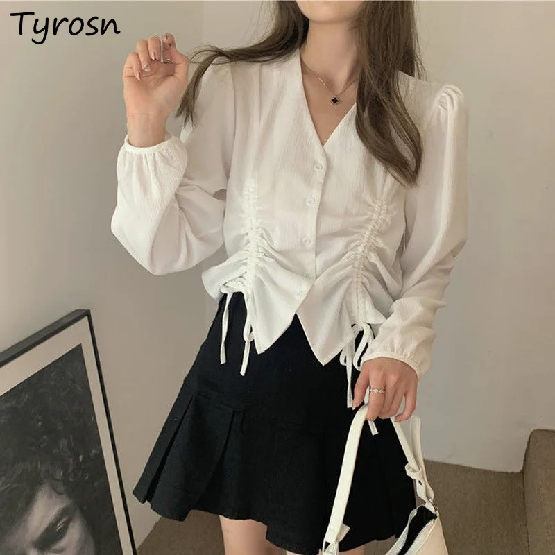 Shirts Women Design Shirring Elegant High Street Solid Long Puff Sleeve Blouses V-neck Retro French Style Button Up Tops Mujer