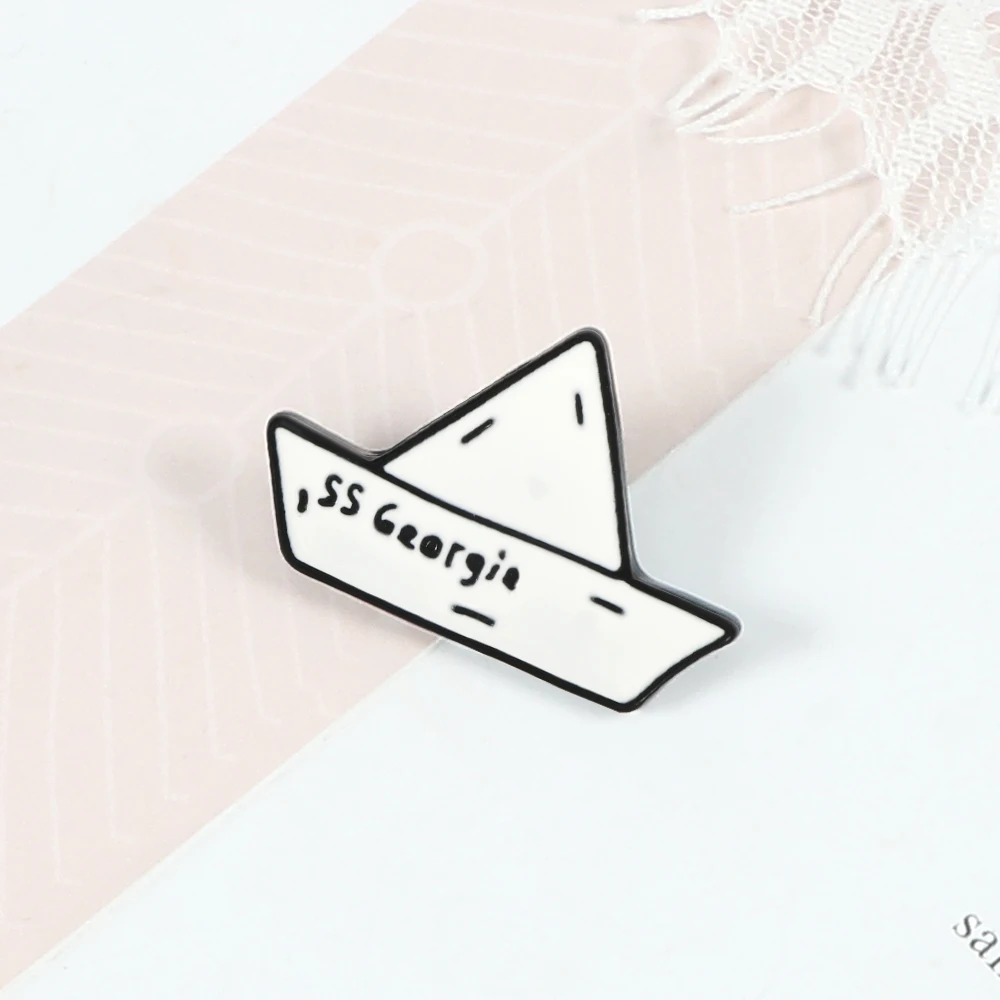 Paper Boat Enamel Pin SS Georgie Origami Ship Lapel Brooch White Buckle Badge Cartoon Jackets Shirt Backpack Pin Jewelry For Kid