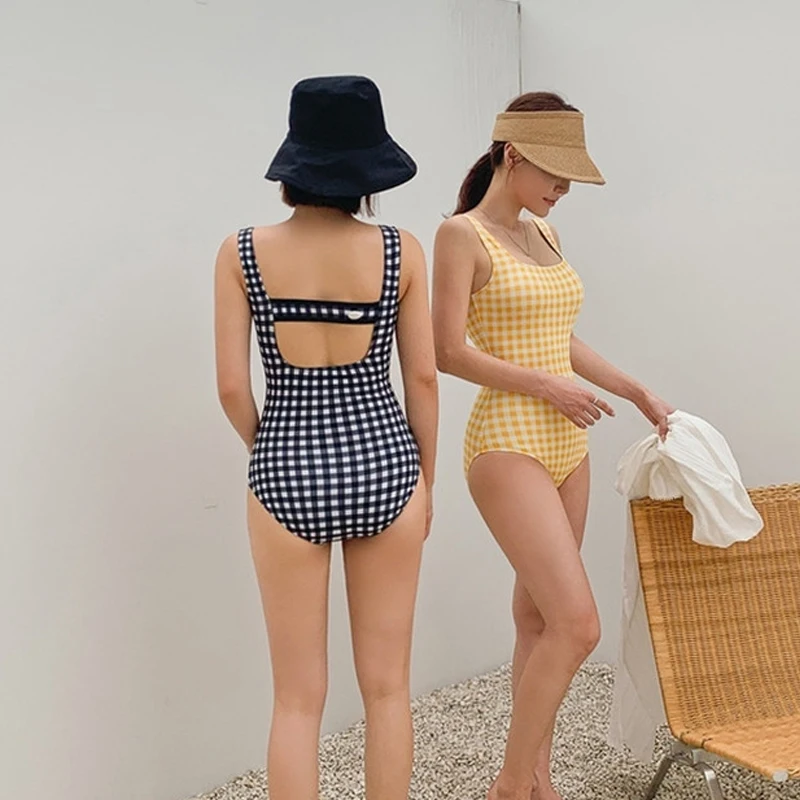 Koreański kobiety Plaid jednoczęściowy strój kąpielowy Sexy Monokini Badpak luksusowe ramię Retro strój kąpielowy kontrola brzucha stroje kąpielowe