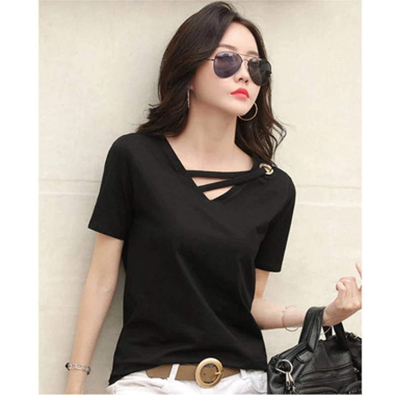 2024 new summer short sleeve women white t-shirt women V-neck loose Korean black top casual compassionate trend t shirt women