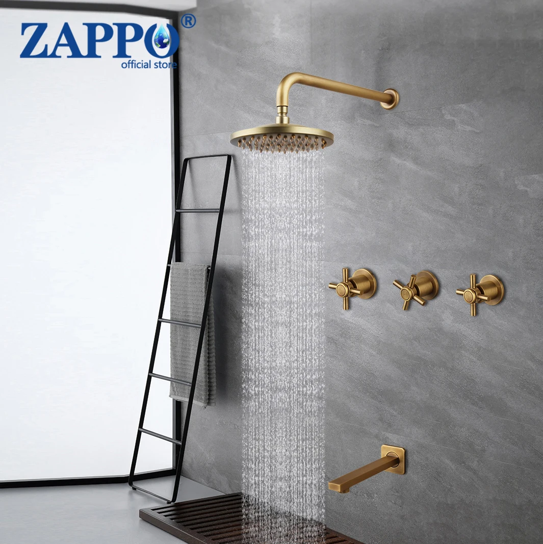 ZAPPO Bathroom Antique Brass Shower Faucet Set Wall Mounted Handle Shower Mixer Tap Square Rainfall Hand Shower Head