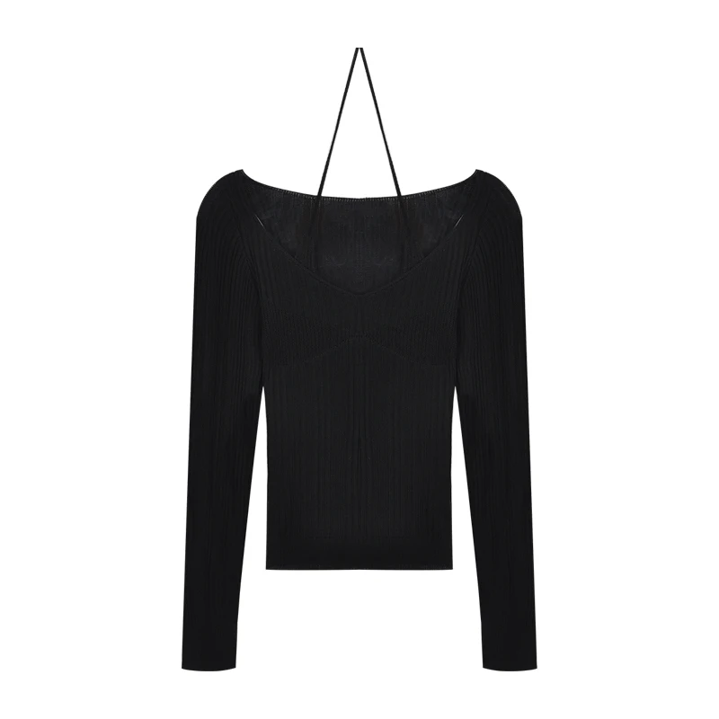 Karrram Fake Two-piece T-shirt Long Sleeve Halter Black Tops Knit  Slim Sweater Tops Women Autumn  Spring Sexy Female Tee Tops