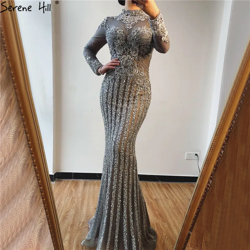 SERENE HILL Customized 2025 Gray Luxury Beaded Mermaid Evening Dress Modest For Muslim Women Wedding Party Gown CLA70199