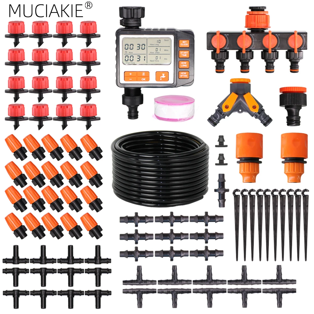 

MUCIAKIE 50-5M Automatic Garden Micro Irrigation Watering System w/ New LCD Timer 2-IN-1 Drip Mist Nozzle Adjustable Patio Yard