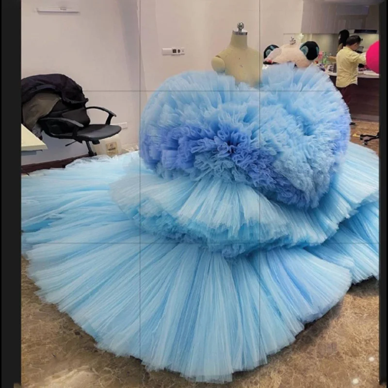 

Светло-голубые тюлевые многоярусные платья для выпускного вечера, летняя юбка большого объема, вечерние платья для девочек, пышное платье знаменитостей, халат De Soiree по индивидуальному заказу