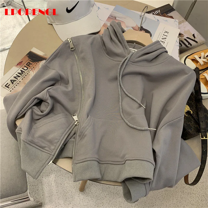 Open Shoulder Asymmetric Sweatshirt 2023 Women\'s Solid Color Pullover Hooded Top Drawstring Korean Style Fashion All-match