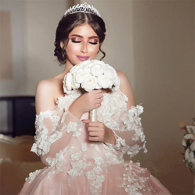 Vestido de baile Rosa rubor, tren de la Catedral, vestidos de novia de manga larga con cuentas florales en 3D, vestidos de novia árabes de Dubái de talla grande