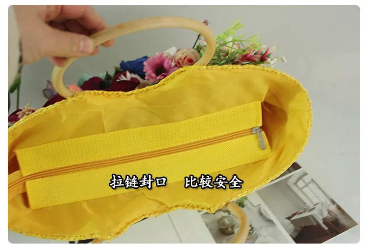 High-end Customized Colorful Artificial Flower Straw Beach Bag Fashion Wave Rattan Summer Holiday Tote Handmade Yellow Lady Suit