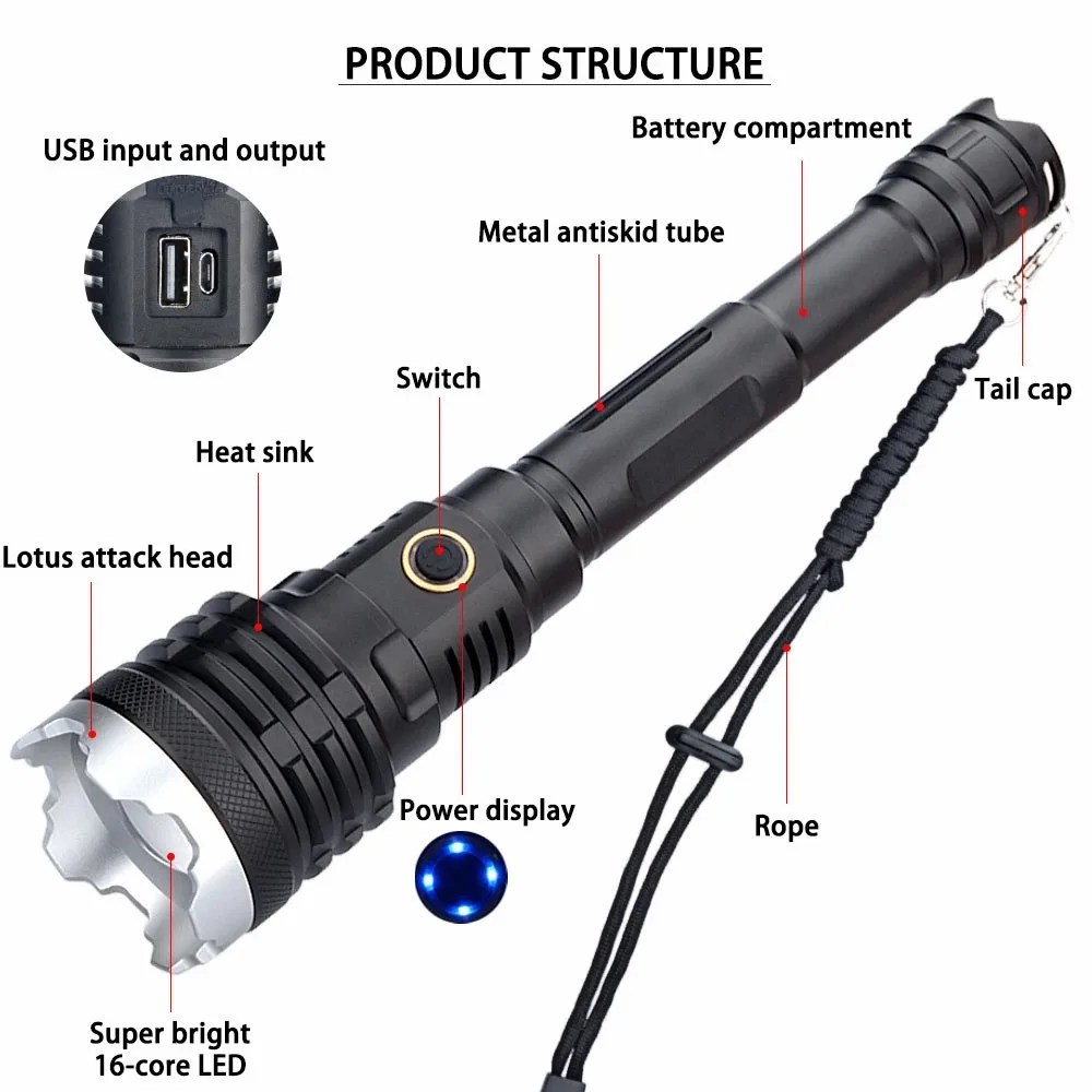 D2 LED XHP160 16-Core Powerful Flashlight Torch XHP70 USB Rechargeable Newest Tactical Hunting Flashlight Flash Light Zoomable