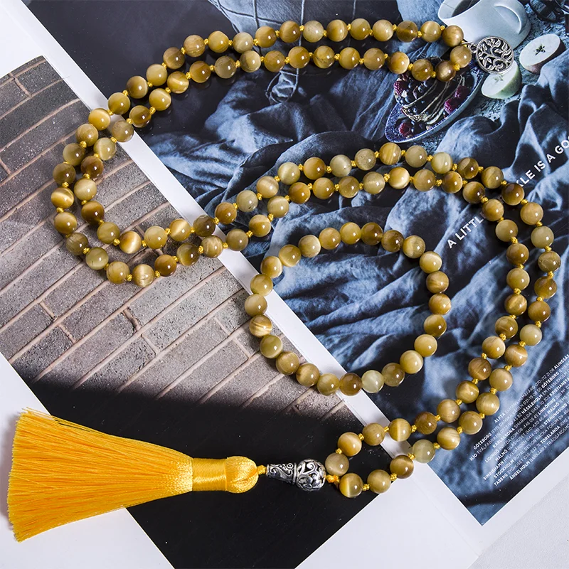 8mm Natural Tiger Eye Beaded 108 Mala Knotted Necklace Meditation Yoga Jewelry Japamala Prayer Rosary Bracelet Set