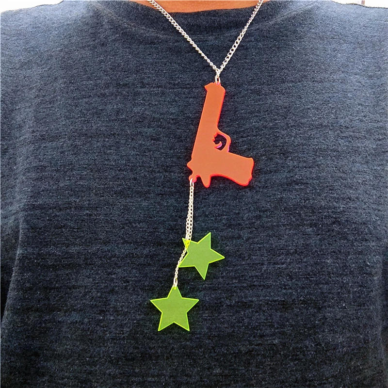 Gun And Stars Super Long Pendant Necklace for Women Men Tassel Silver Color Link Chain Hot Pink Green Punk Rock Acrylic Jewelry