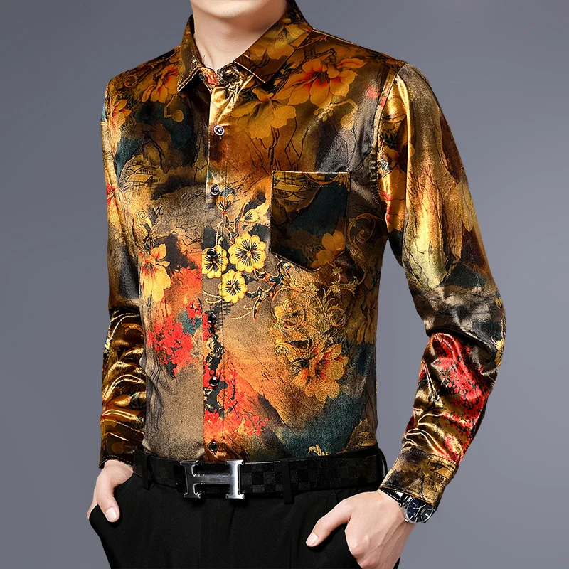 

Gold Velour Mens Clothing 2021 Fashion Flannel Shirts With Print Winter Retro Warm Shirts Floral Unusual Clothes Luxury Corduroy