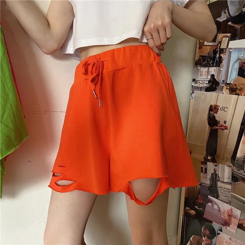 Shorts buraco de yoga liso, esportivo estilo coreano, para mulheres, corrida, elástico, cintura alta, casual, verão, vintage