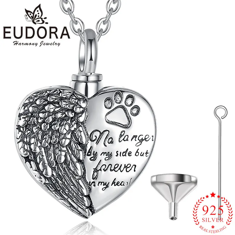 

Eudora2021 new 925 sterling silver heart-shaped wings footprints cremation memorial urn pendant necklace gift