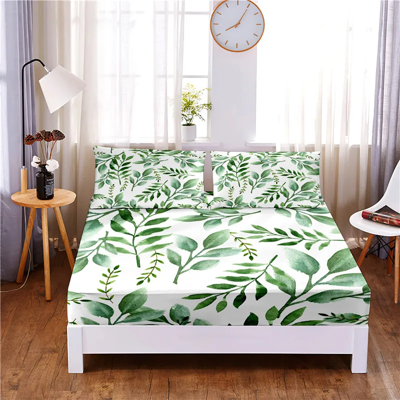 

Green Leaves Digital Printed 3pc Polyester Fitted Sheet Mattress Cover Four Corners with Elastic Band Bed Sheet Pillowcases