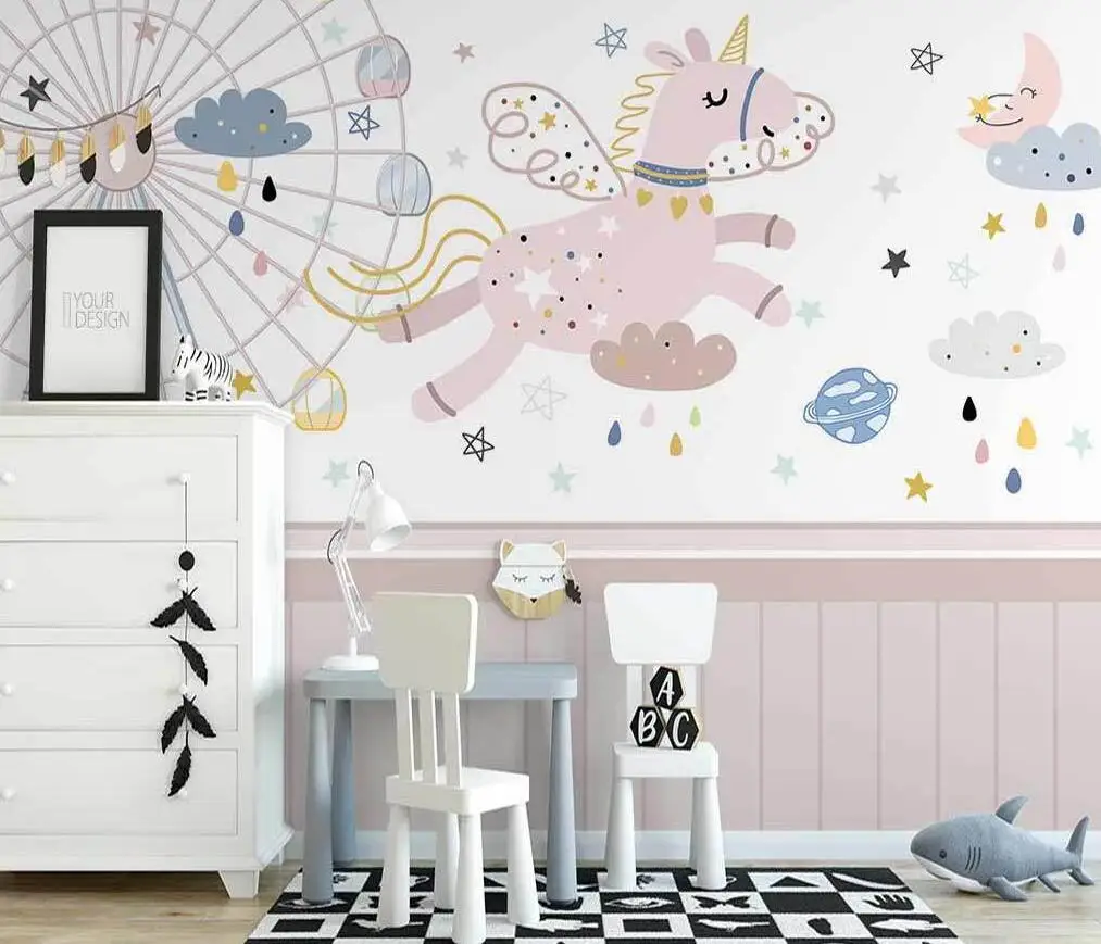 Benutzerdefinierte Größe Wandbild Rosa Flamingo Einhorn Wandbild Kinderzimmer Prinzessin Zimmer Tier dekorative Malerei Fotos 3D Tapete
