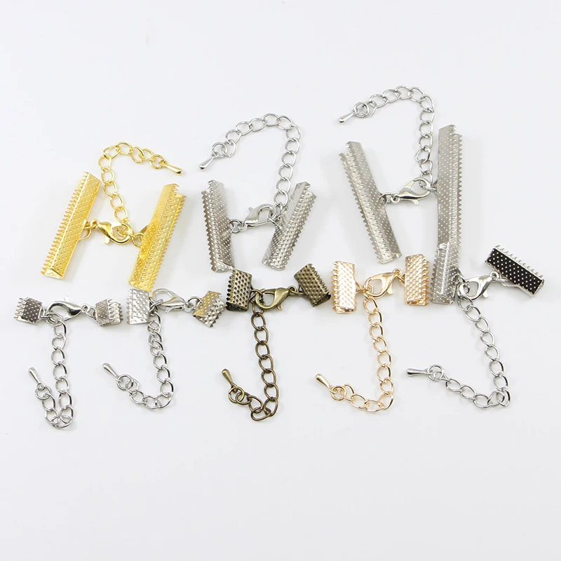 10pcs/lot Ribbons Leather Cord End Fastener Clasps With Chains Lobster Clasps Connectors For Bracelet DIY Jewelry Making Finding