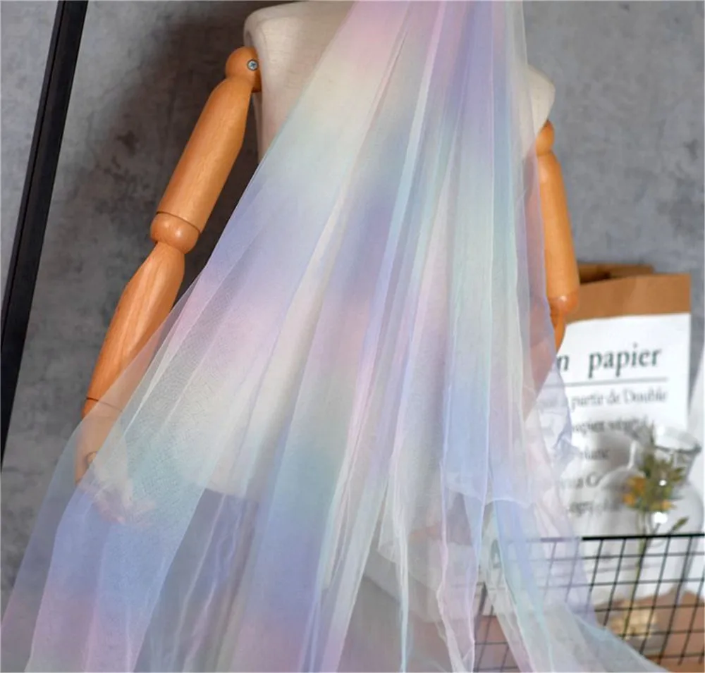 High-end Rainbow Gradient Color Soft Mesh Tulle Lace Designer Fabrics DIY Sewing Scarf veil Skirt Dress Wedding Party Decoration