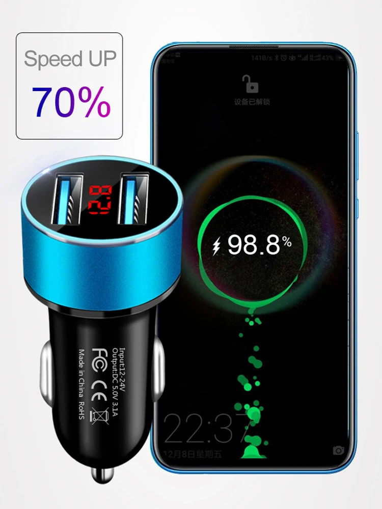 Car Charger 3.1A Quick Charge Dual USB Port LED Display Cigarette Lighter Phone Adapter for iPhone 12 11 8 Xiaomi redmi Sansung