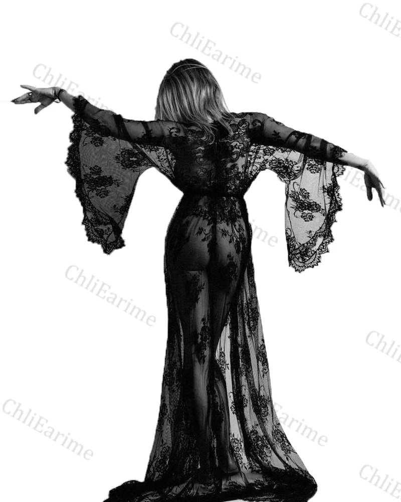 Ladies black sexy lace nightgown bridal gown long dress