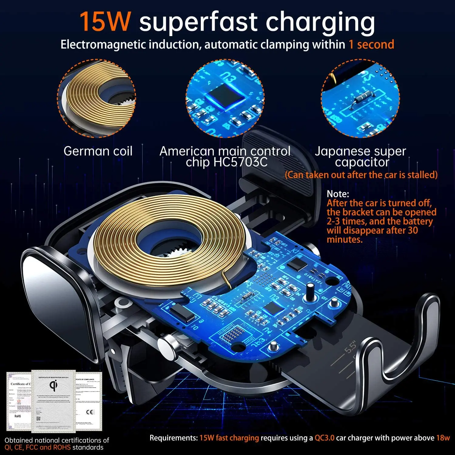 15W Auto Drahtlose Ladegerät Halterung für Samsung S20 Ultra Hinweis 20 Note10 S10 Induktion Ladegerät Telefon Halter für iPhone 13 12 SE 11 8