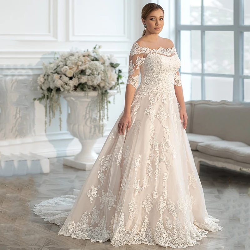 Modest Plus Size A-line Wedding Gowns 2021 Fashion Boat Neck Lace Appliques Sweep Train Half Sleeve Tulle Bridal Dress