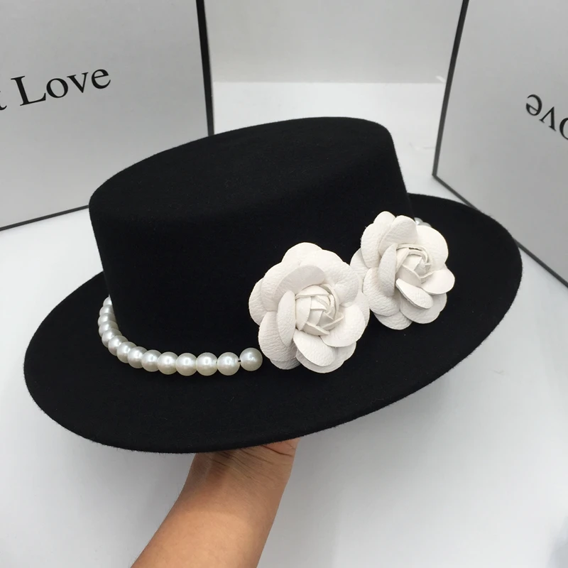 winter new wool black an aristocratic temperament  flat hat with flowers and pearls for women cap