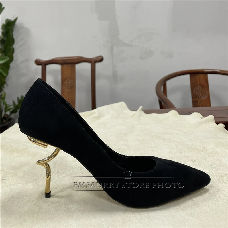 Novelty Screwed Metal Strange Heel Women Pumps Sexy Pointed Toe Luxury Suede Spring Autumn Slim Dress Shoes Woman