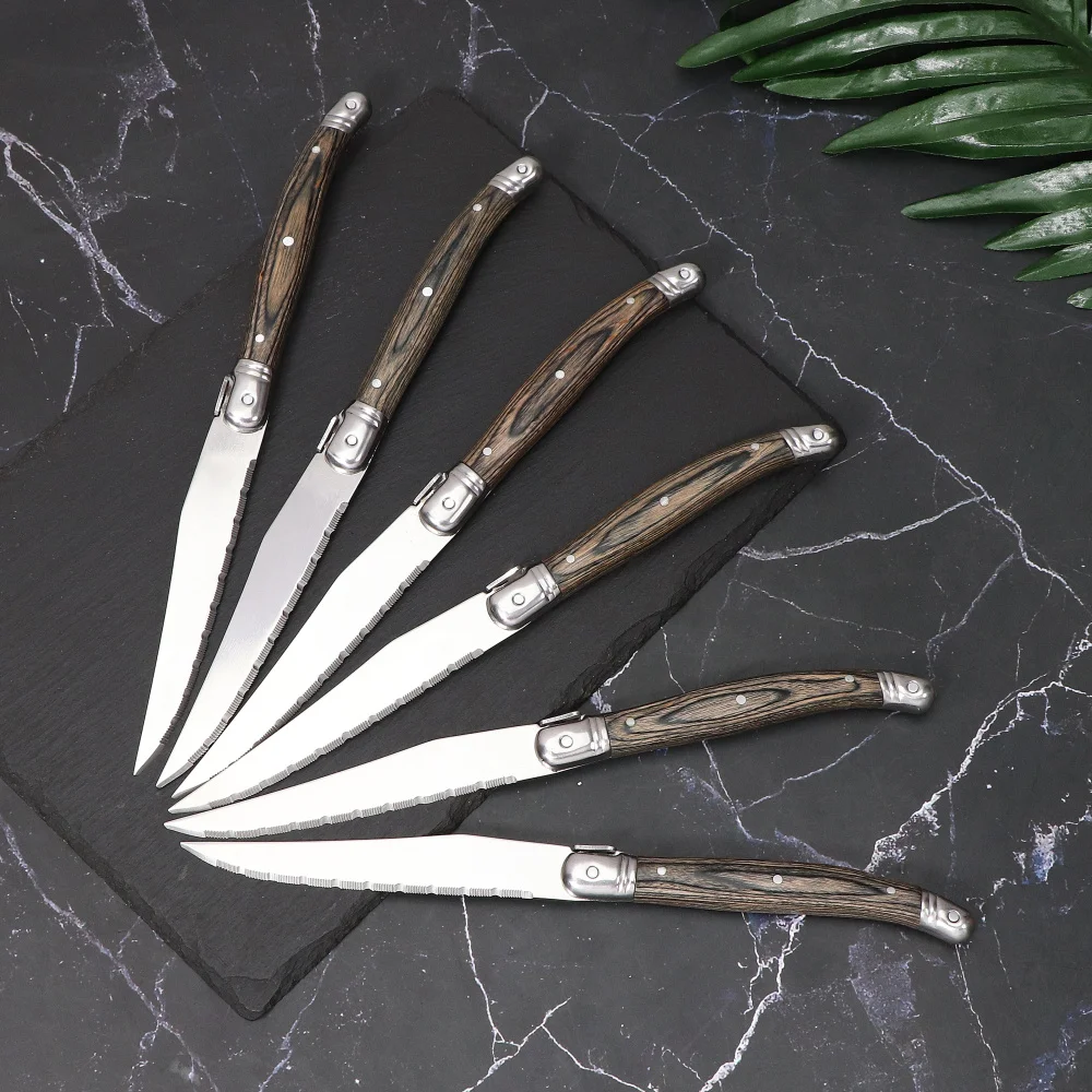 

6pcs Grey Pakkawood Steak Knives Set Stainless Steel Cutlery Set Western Dinnerware For Family Restaurant