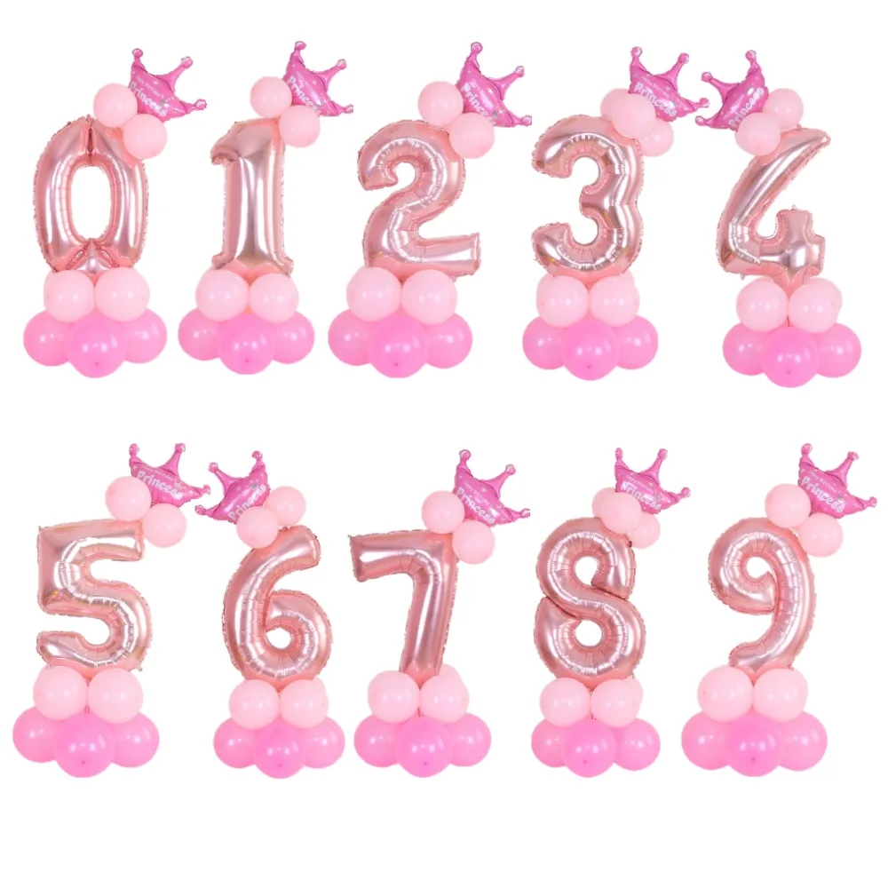 

Number Foil Birthday Balloon Set 32inch Rose Gold Digital Stand Balloons Crown Happy Wedding Anniversary Decoration Party Supply